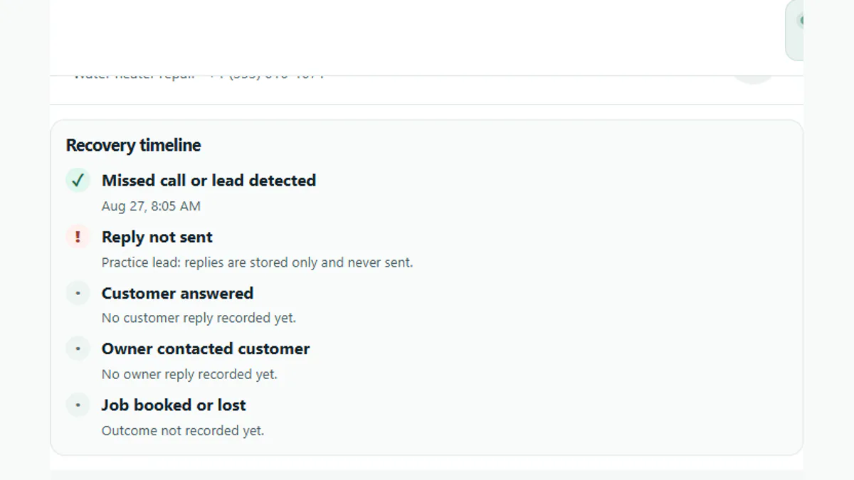 Fictional Harborline timeline showing a missed call example with no reply sent